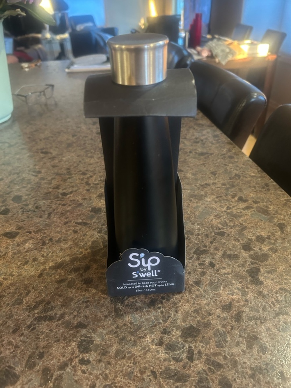 S'well Black Sip Insulated Water Bottle Black Licorice 15 oz/450 ml